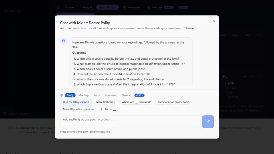 Make a folder, then ask the whole folder: Select three lectures and put them in a new "Polity" folder; Open the folder and tap "Chat with this folder"; Tap "Quiz me (10 questions)" — the quiz comes from all three lectures.